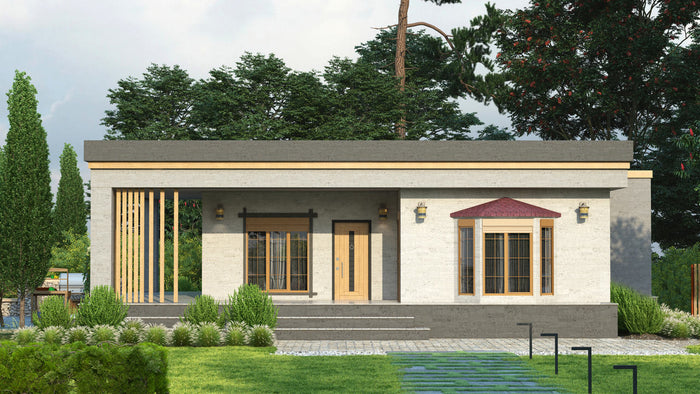 ahşap detaylı, tek katlı, özel tasarım prefabrik ev